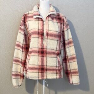 No Boundaries Plaid Fleece Hoodie - Cream and Pink